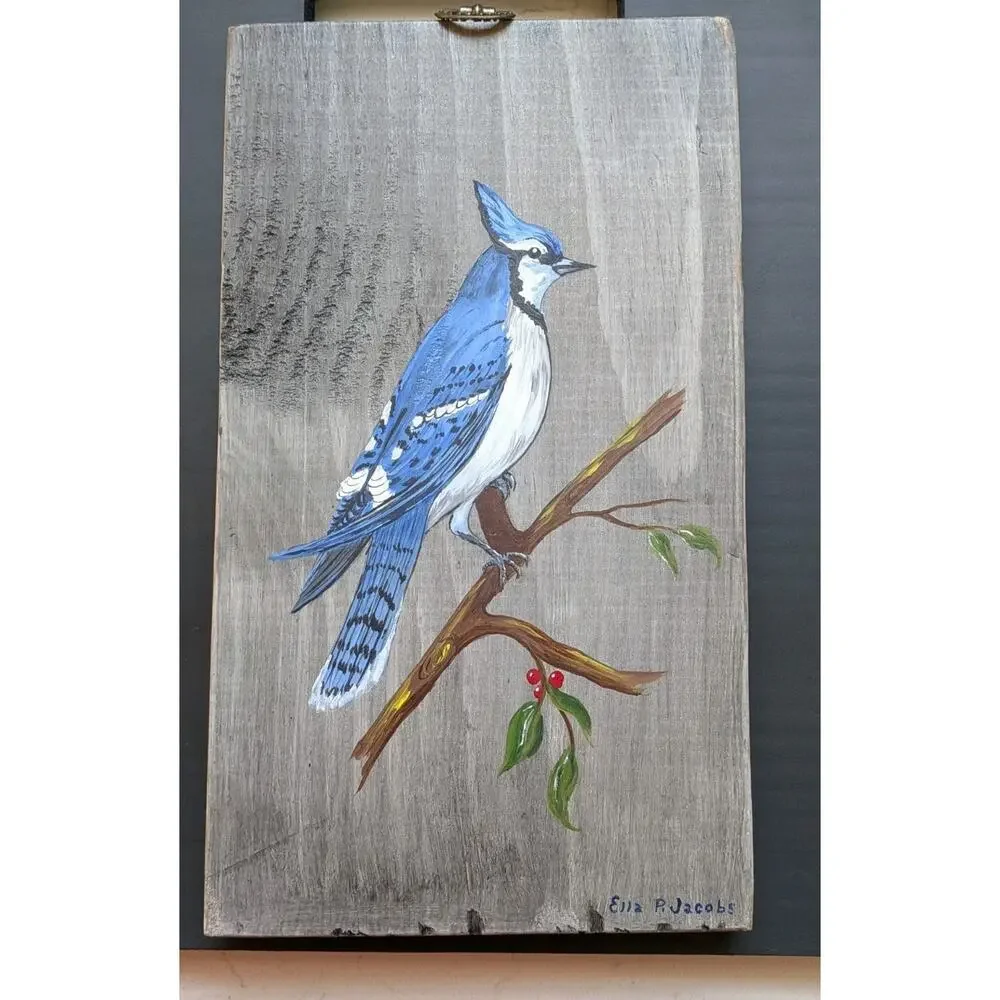 Vintage Blue Jay Painting on Barn Wood Plaque Ella P Jacobs 10